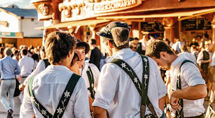 young men in leiderhosen at oktoberfest