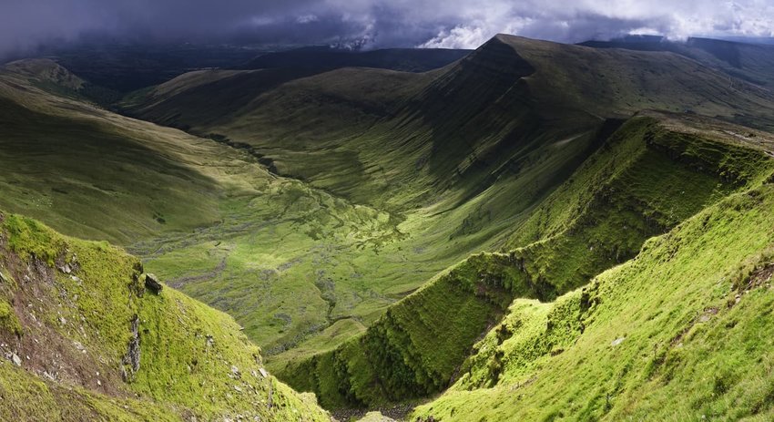 Verdant valleys dramatic escarpments Brecon Beacons Wales UK