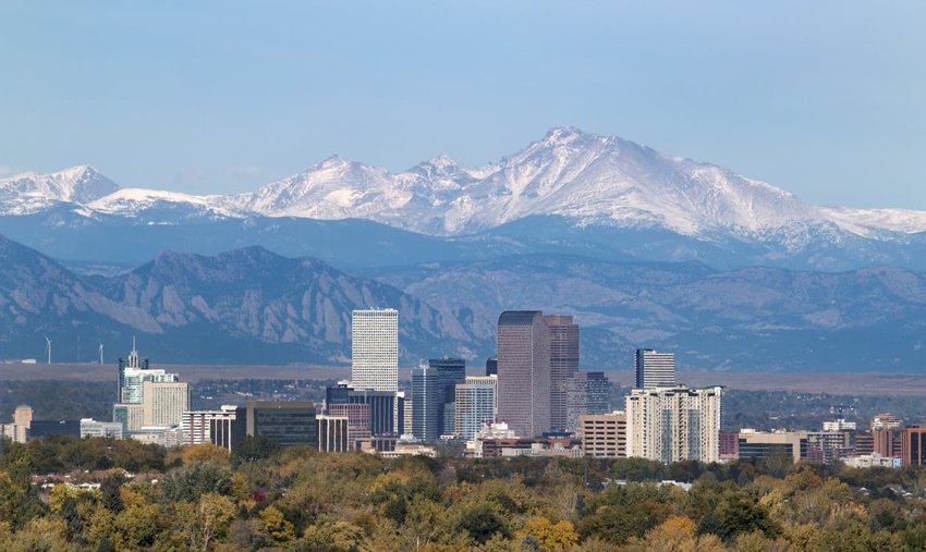 view of longs peak with downtown denver in forground