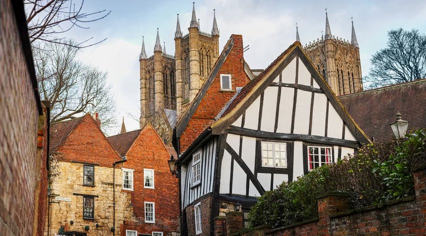 View of the 'Crooked House' with Lincoln Cathedral