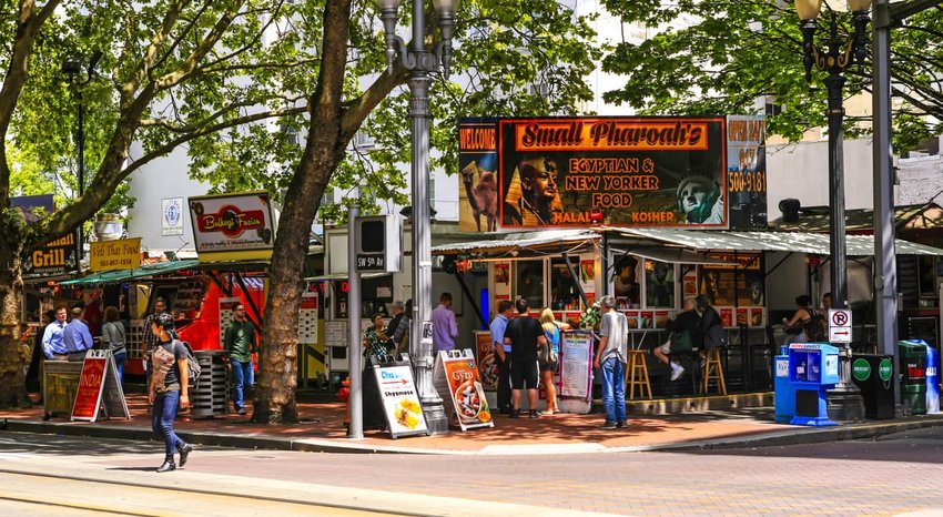 Multi-ethnic fast-food vendors in downtown Portland, Oregon