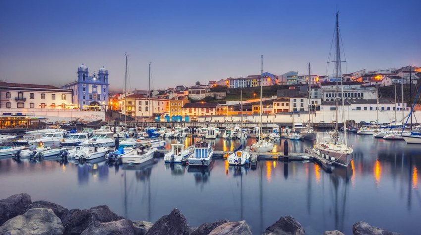 The harbor of Angra do Heroismo at dusk, Terceira Island (Azores)