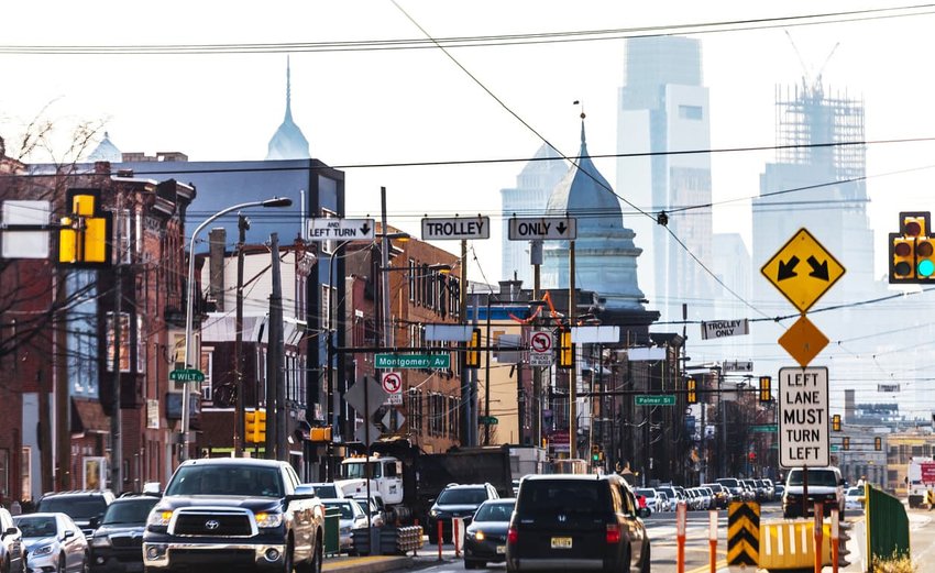 Daytime traffic on the streets of Fishtown district, Philadelphia