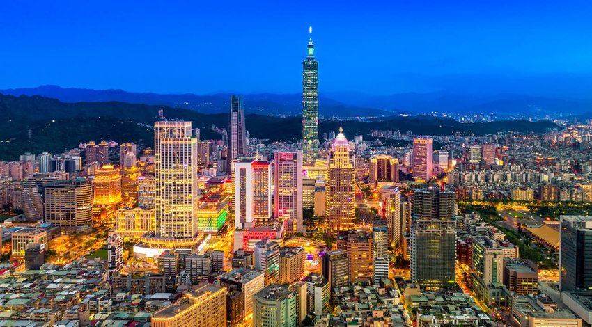 Aerial panorama over Downtown Taipei at night