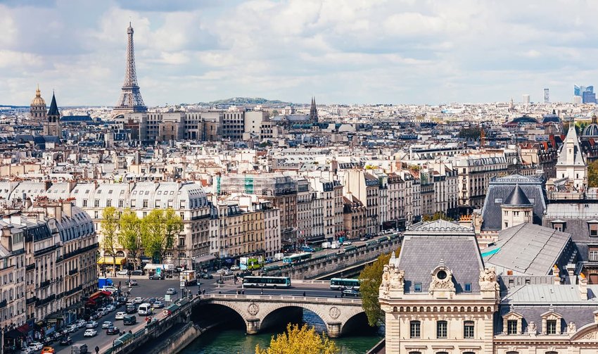 High angle view of Seine River with Eiffel Tower in the background