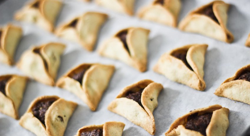 Hamantaschen triangular cookies, Haman's ears baked for Purim