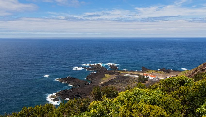 Aerial view on the thermal bath facilities of Ponta da Ferraria in Azores, Portugal