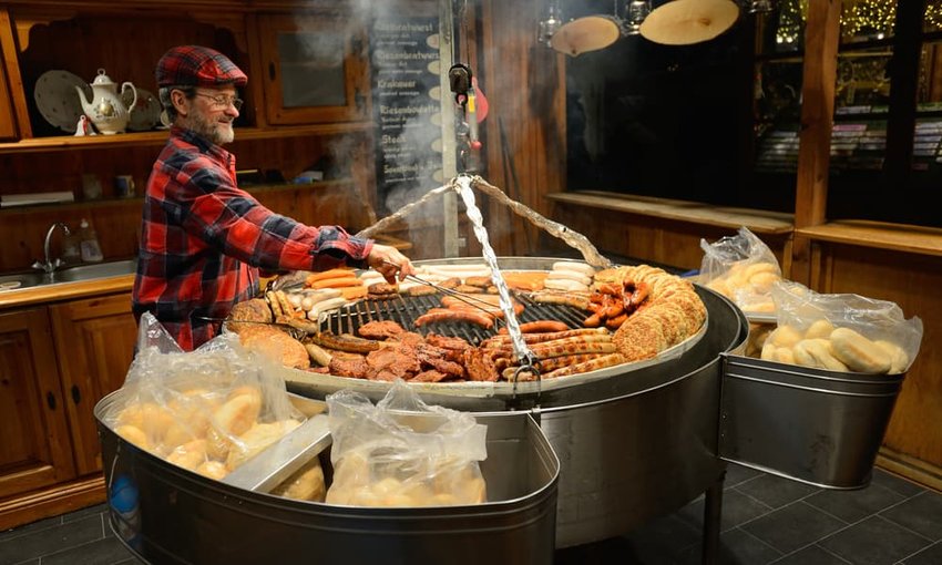 currywurst sausages at street vendor