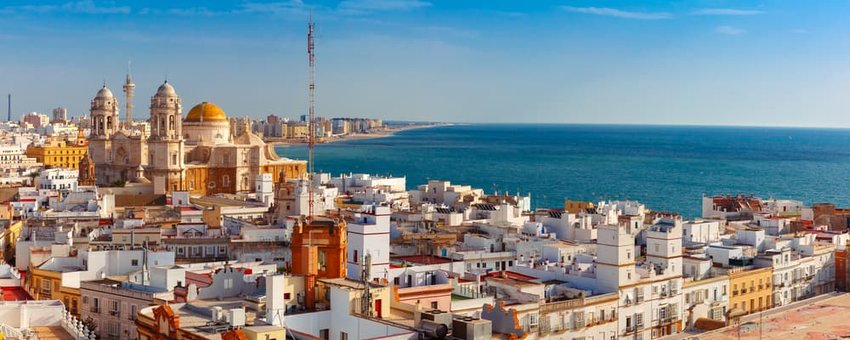 Aerial panoramic view of the old city rooftops and Cathedral de Santa Cruz, Andalusia, Spain