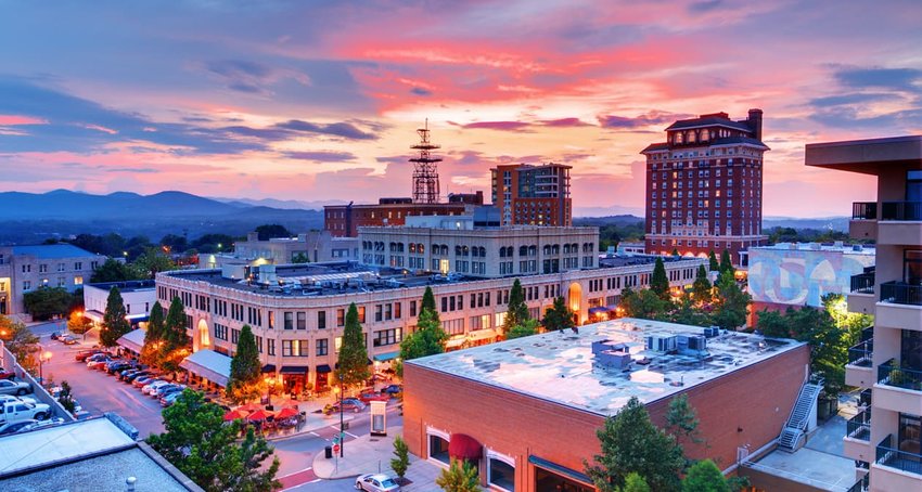 Aerial view of downtown Asheville at sunrise