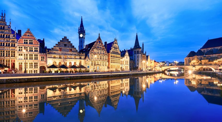 Graslei Harbour at dusk, Ghent, Belgium