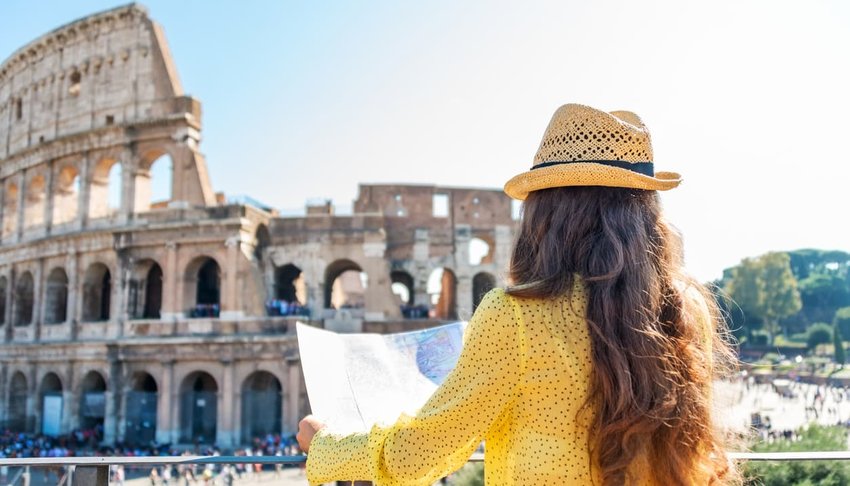 Woman tourist at Colosseum, Rome