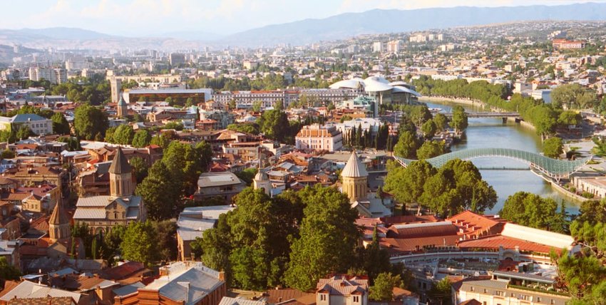 Aerial view of Tbilisi, Georgia at sunset