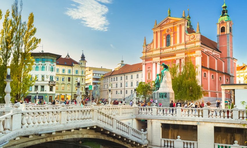 Preseren square and Franciscan Church of the Annunciation, Ljubljana, Slovenia