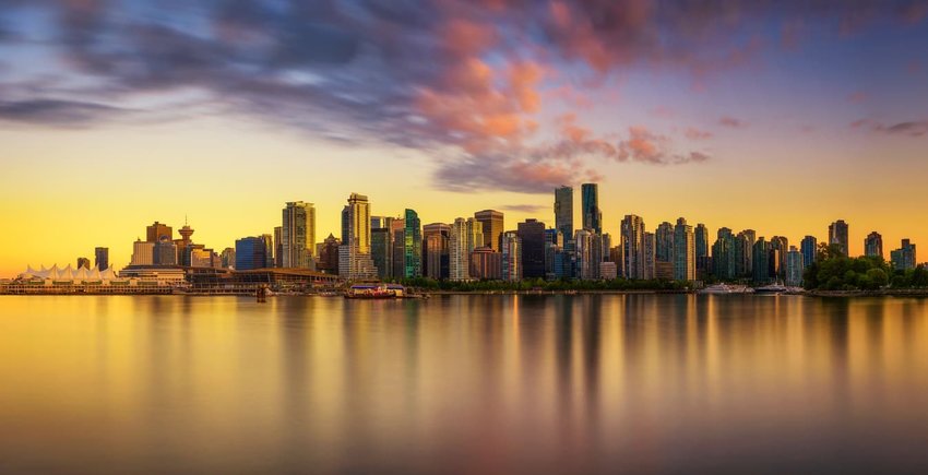 Sunset skyline of Vancouver downtown from Stanley Park