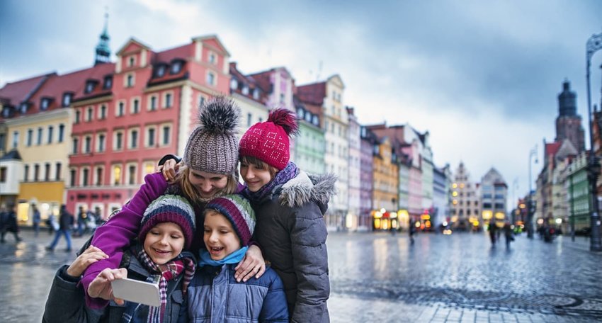 Family sightseeing city of Wroclaw in autumn