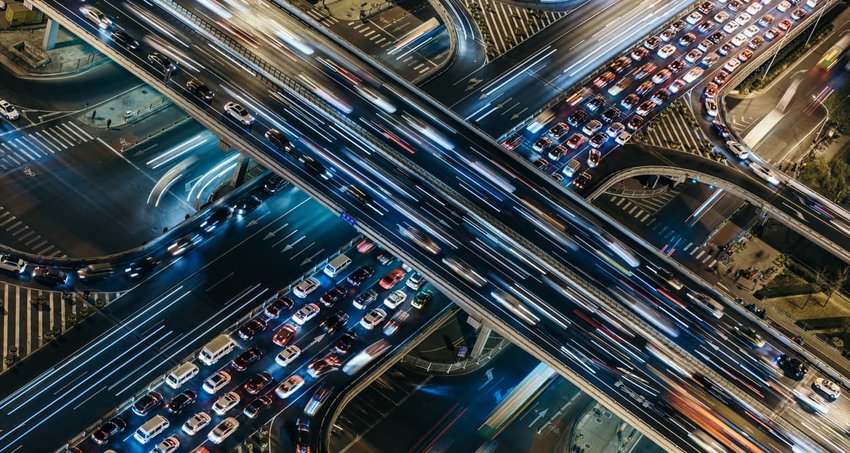 Aerial View of Crowded Traffic at Night