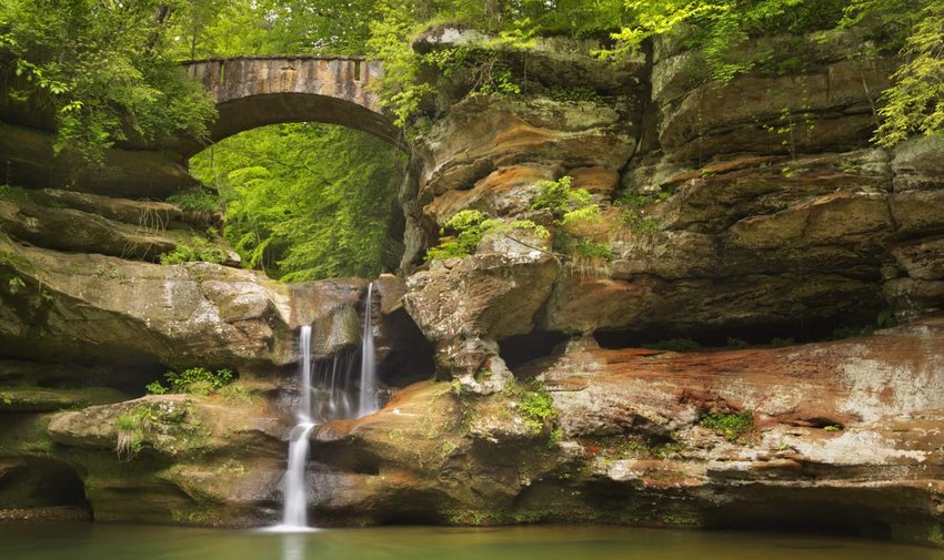 Waterfall and bridge in Hocking Hills State Park, Ohio, USA