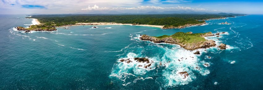 Aerial view of the coast of Oaxaca in Mexico