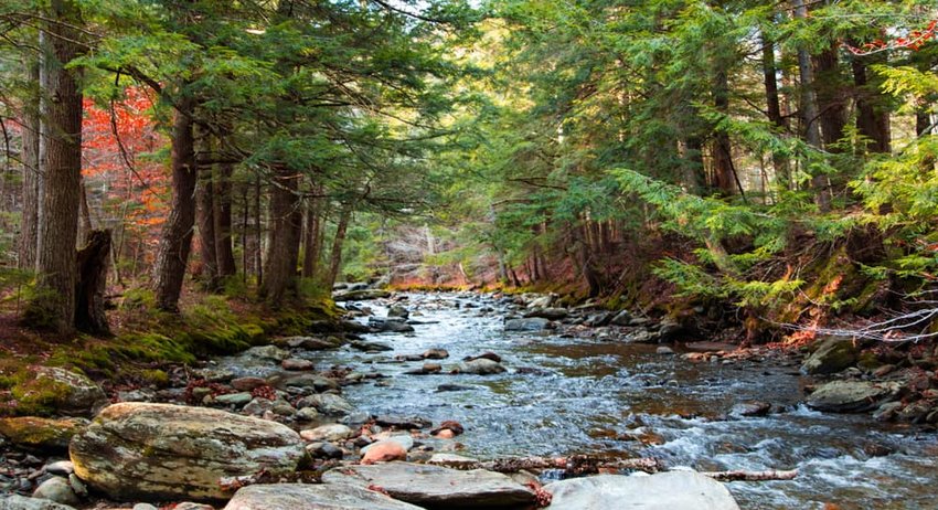 View of a river at Smuggler's Notch State Park in Vermont in early fall