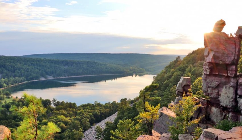 Areal view on the South shore beach and lake. Devil's Lake State Park, Wisconsin, USA