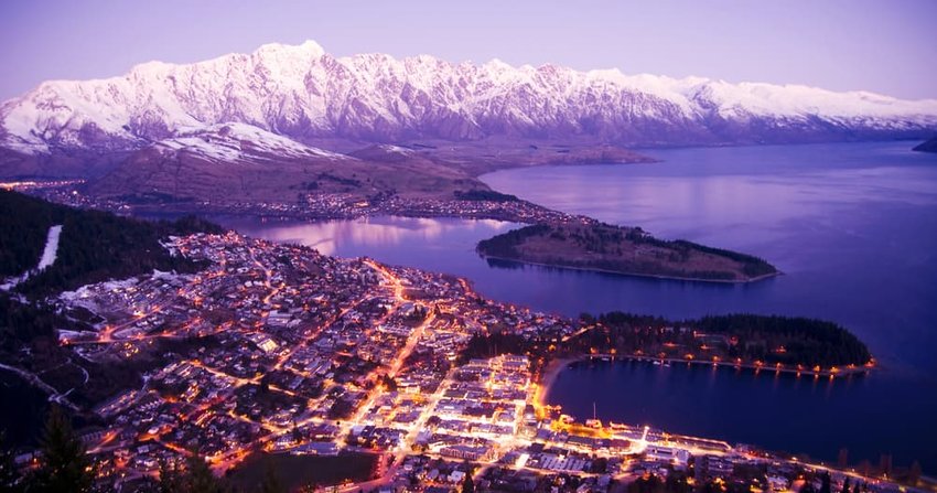 Aerial View of Queenstown with City Lights, New Zealand