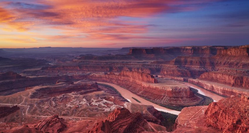 Colorful sunrise at Dead Horse Point, Colorado river, Utah