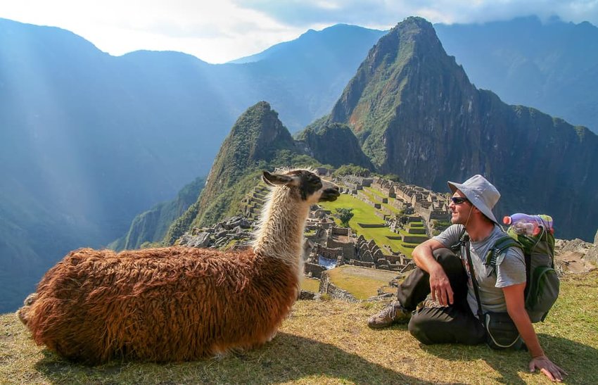 Tourist and llama sitting in front of Machu Picchu, Peru