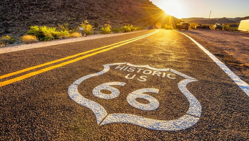 Street sign on historic route 66 in the Mojave desert