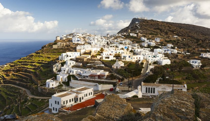 View of Kastro village on Sikinos island in Greece.