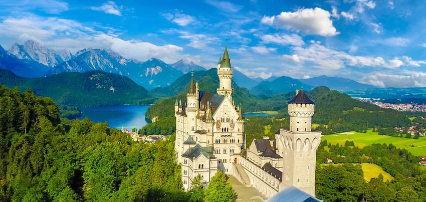 Neuschwanstein Castle in Fussen, Bavaria, Germany in a beautiful summer day