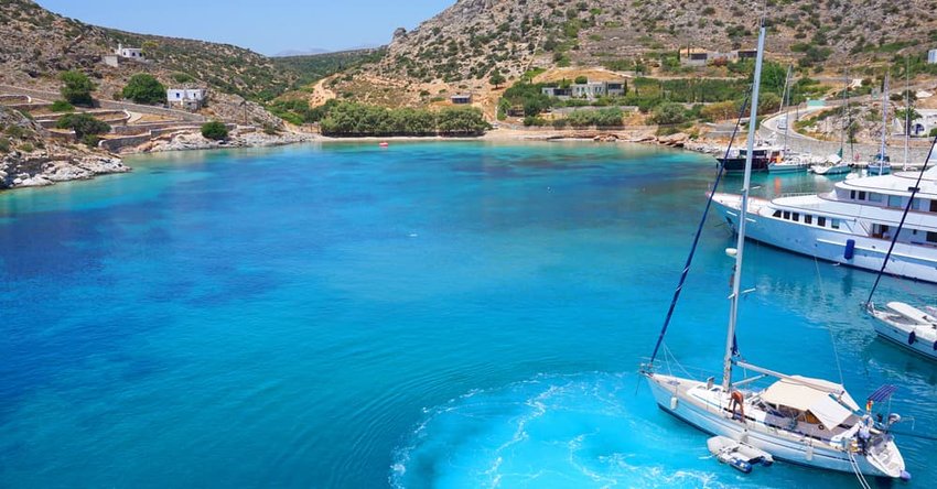 View of Schinoussa with turquoise clear waters, Cyclades, Greece