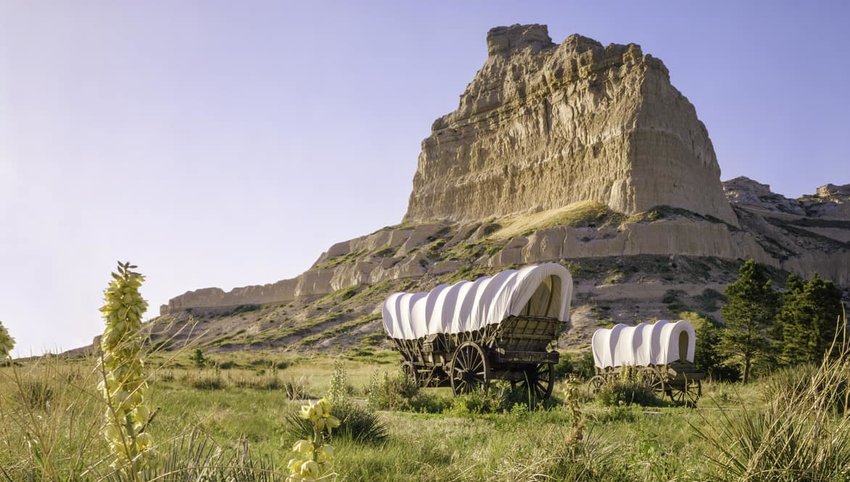 Conestoga covered wagons, Scotts Bluff National Monument, Oregon Trail, Nebraska