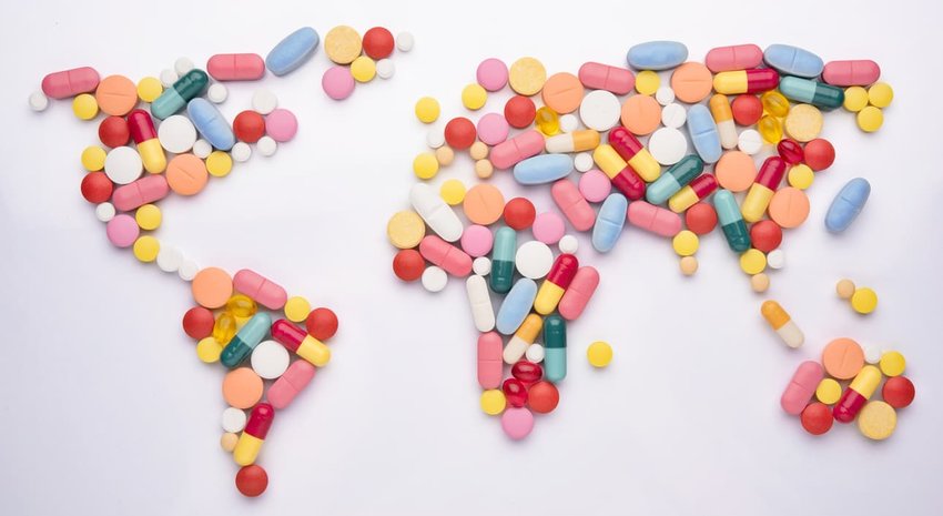 world map artfully made with pills