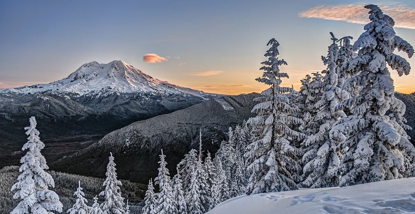 Sunrise on Snowy Mount Rainer in Cascade Mountains