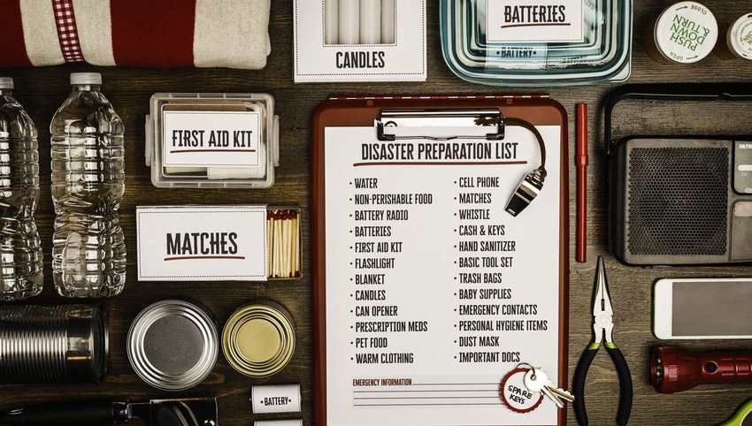 Disaster preparation kit flat lay