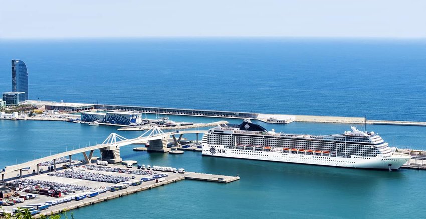 Aerial view Cruise ship in Port Vell, Barcelona