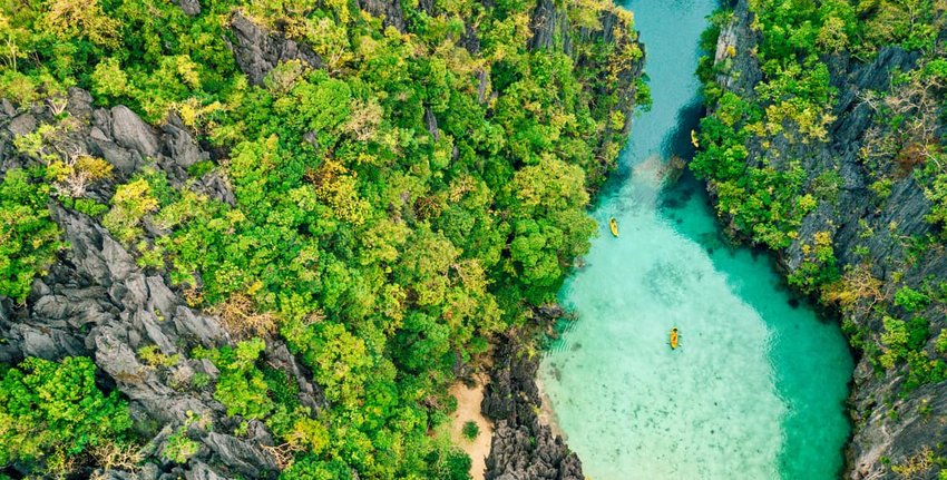 aerial view of kayakers in Palawan