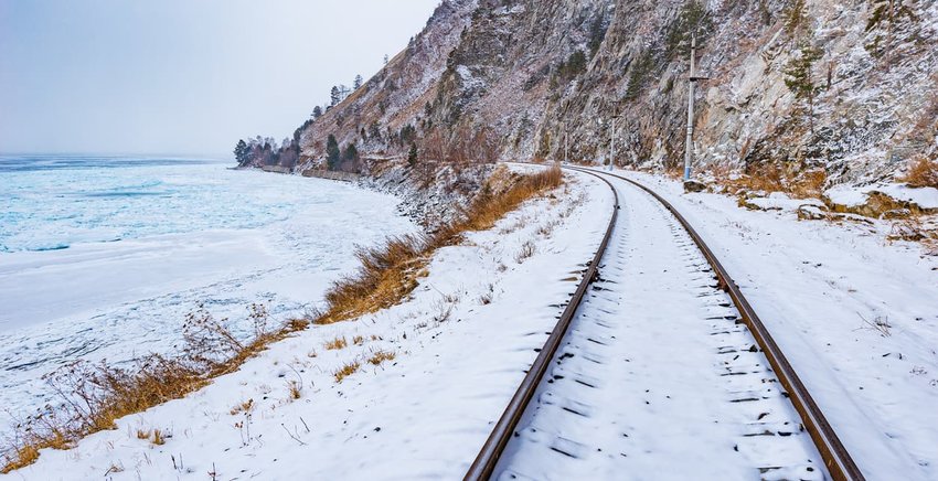 Trans-Siberian railway passing through snow