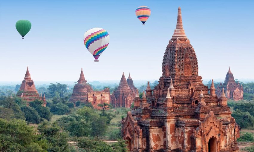 Colorful hot air balloons flying over Bagan Archaeological zone, Mandalay division, Myanmar