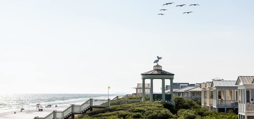 Wooden pavilion by beach ocean with gazebo in Florida