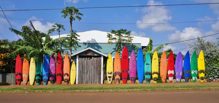 Colorful surfboards are lined up in the streets of Maui, Hawaii