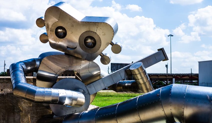 One of the Traveling Man sculptures in Deep Ellum, Dallas, Texas.