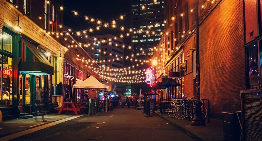 alley with twinkle lights in Portland