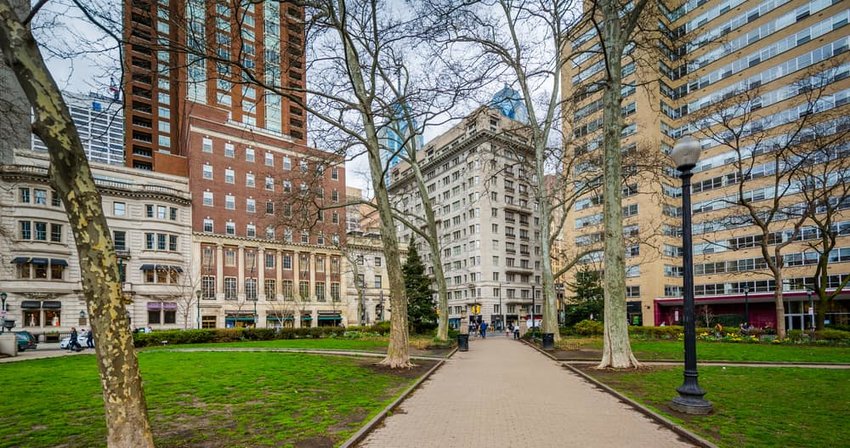 Walkway and buildings at Rittenhouse Square, in Philadelphia, Pennsylvania.