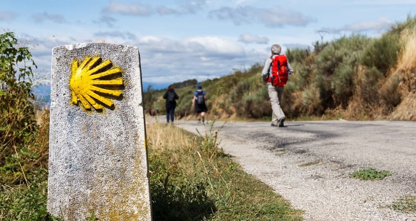 The yellow scallop shell signing the way to Santiago de Compostela on the St James pilgrimage route