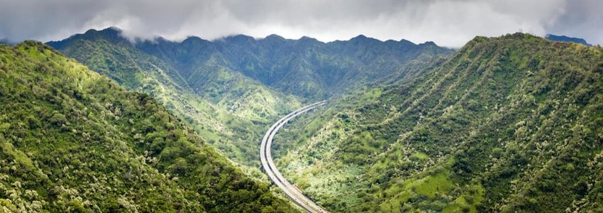 Mountain landscape panorama from the Aeia Loop Trail on Oahu, Hawaii