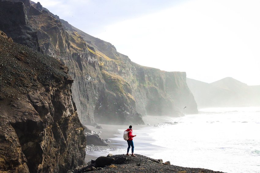 Person standing alone along the sea and cliffs of Iceland