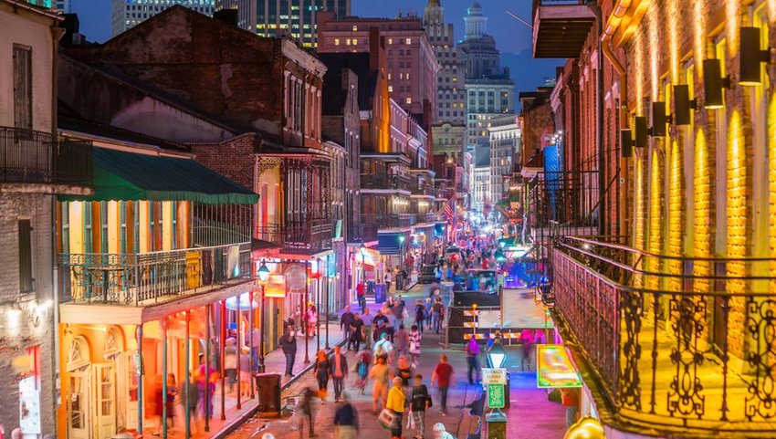 Pubs and bars with neon lights in the French Quarter, New Orleans USA.