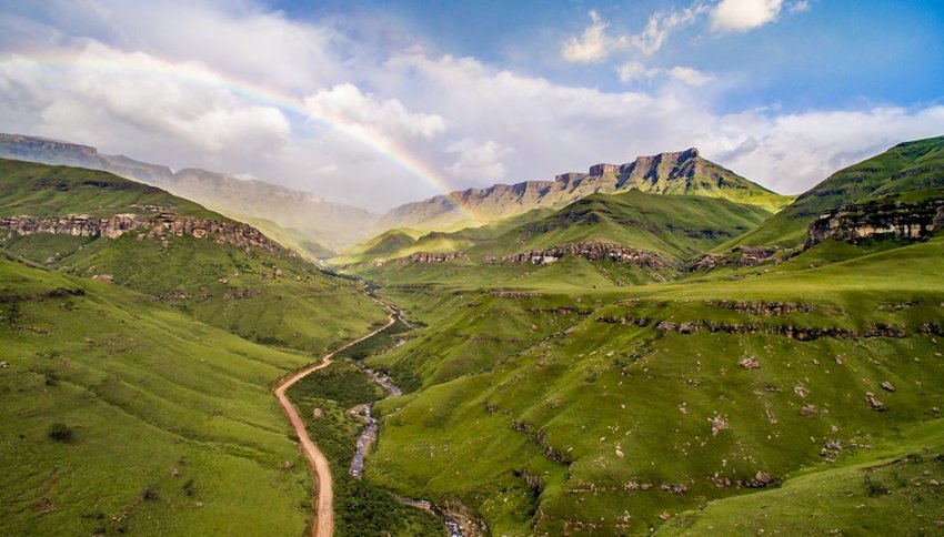 Green landscape at Sani Pass at South Africa and Lesotho border